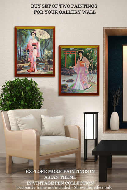 Geisha PAINT by NUMBER Kit Adult , Girl Scrolling With Umbrella, Japanese Garden Landscape , Easy DIY Beginners  Painting Kit , Mom Gift