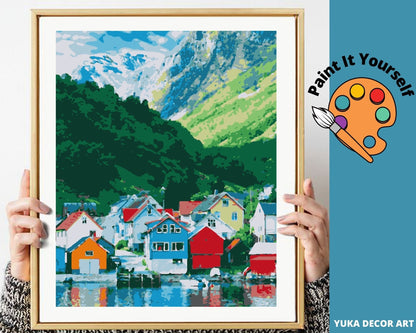 Mountain PAINT by NUMBER Kit for Adults , Idyllic Hillside Village ,Beach Easy DIY Beginners Acrylic Paint Kit , Bedroom Wall Art Decor Gift