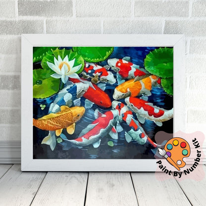 Koi Fish PAINT by NUMBER Kit Adults , White Lotus Plant In Lake , Easy DIY Beginners Acrylic Paint Kit ,Living Bedroom Wall Art Decor Gift