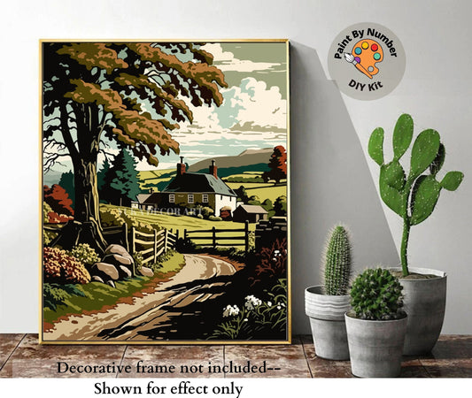 Country Cottage PAINT by NUMBERS Kit Adult DIY Nature Vintage Style Art Easy Beginner Painting Kit Midcentury Cabin Decor Gift Mom Grandmom
