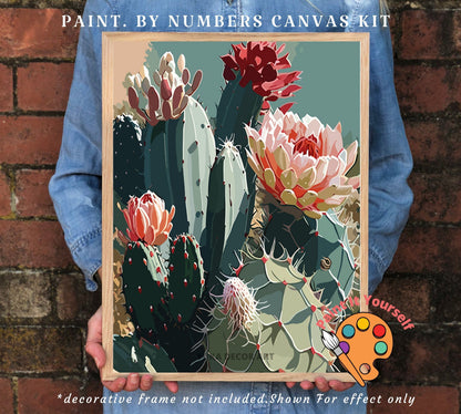 Cactus PAINT by NUMBER Kit for Adults Flowers Botanical Art Easy Acrylic Paint DIY Kit Gift for Mom Grandma Country Ranch Decor Housewarming