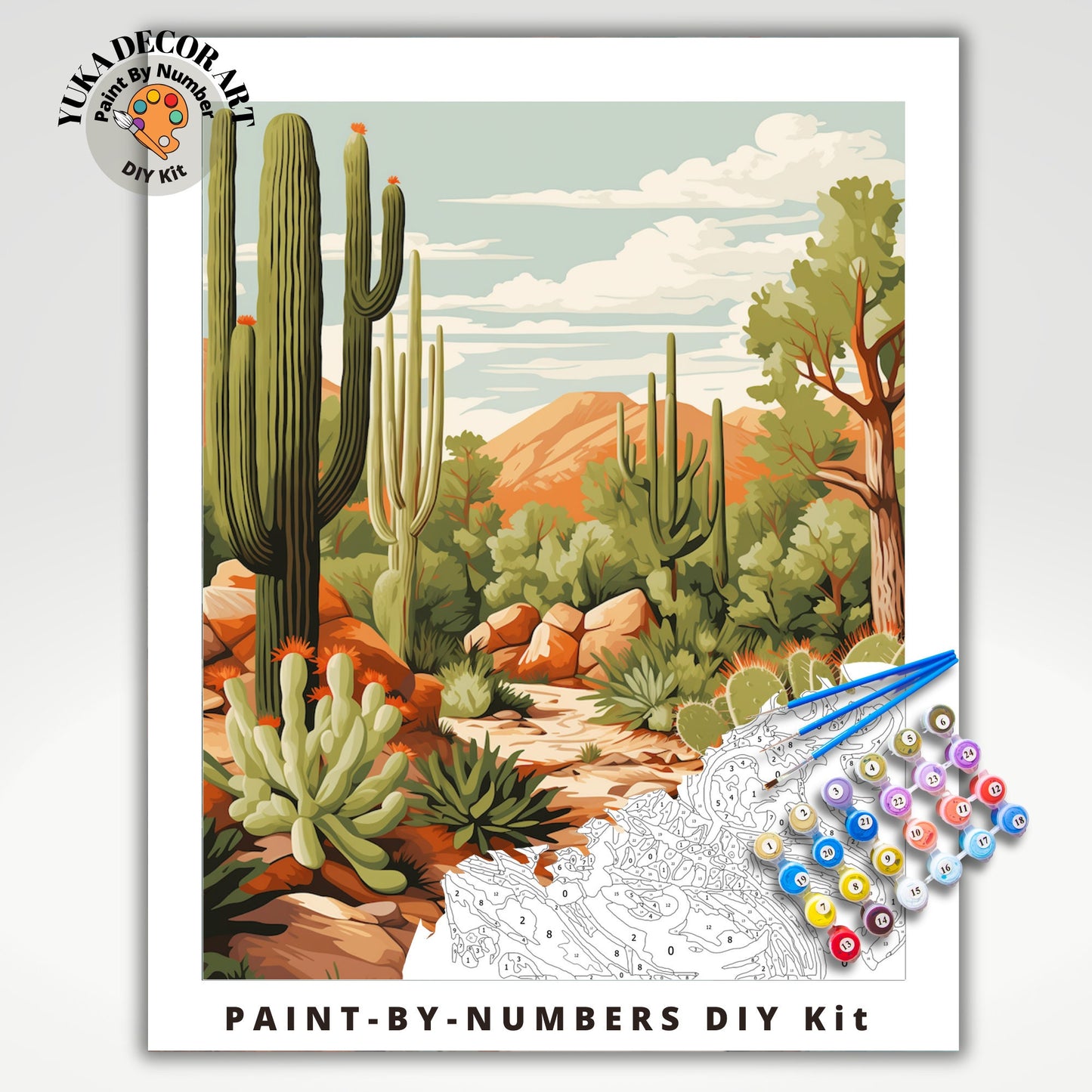 Saguaro Cactus PAINT by NUMBER Kit Adult Cactus painting DIY by Numbers Set Rustic Scenery Easy Beginners Birthday Gift For Dad Grandfather