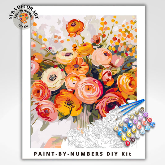 Peach Orange Flowers Paint by Numbers Kit Adult Flowers Painting Easy Beginner Paint Kit Anniversary Gift For Mom Girlfriend Bday Decor Art