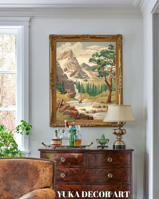 Vintage Mountain PAINT by NUMBER Kit Adult, Fishing In The Stream Scene  , Easy Beginner Acrylic Painting DIY Kit,Home Decor Gift