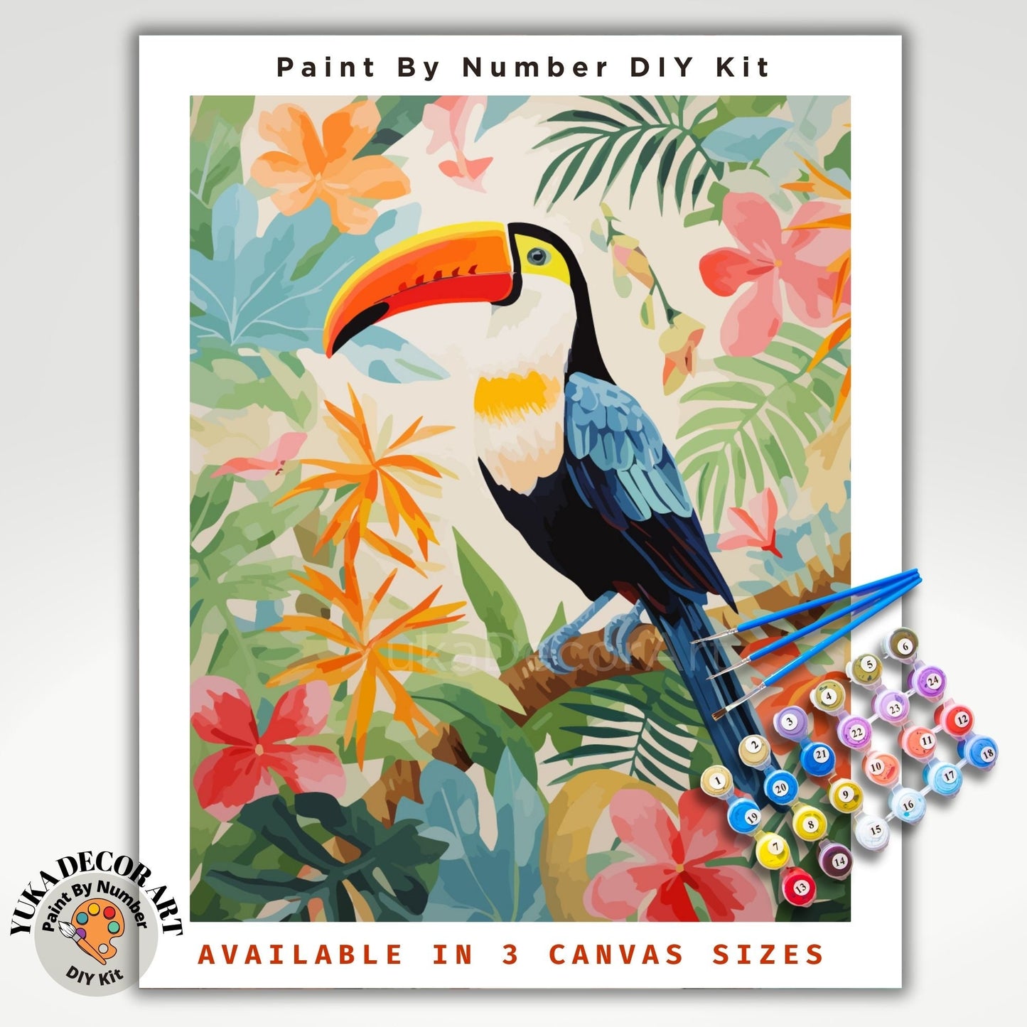 Bird PAINT by NUMBERS Kit for Adults Watercolour Style Vintage Art Nature Forest Toucan Bird Easy Beginners DIY Paint Kit Anniversary Gift