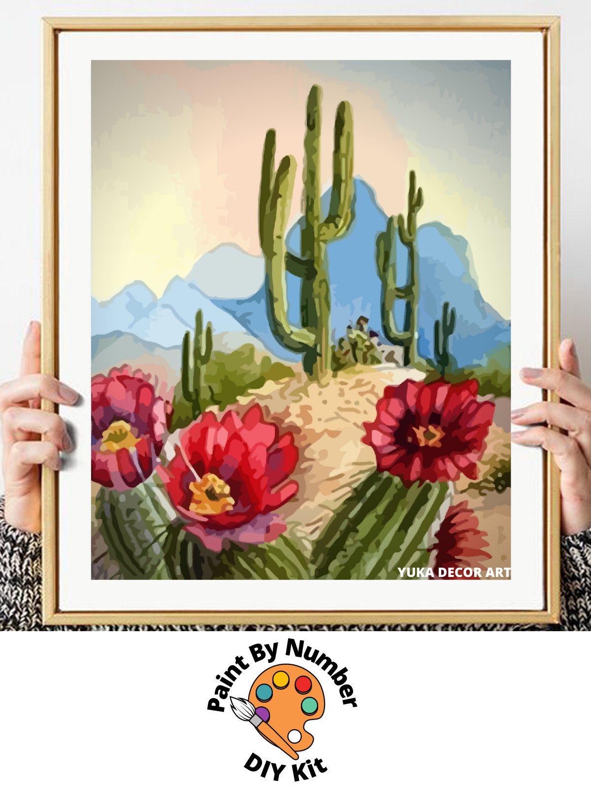 Desert Landscape PAINT by NUMBER Kit, Cactus Flowers Sunset Mountain View , Easy DIY Beginners Acrylic Painting Kit , Wall Art Gift