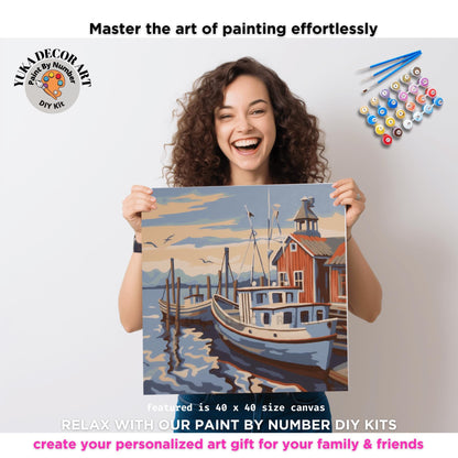 Lakeside Boat Vintage Style PAINT by NUMBER Kit Adult, Landscape Painting, Easy Beginner DIY Paint Kit, Lake Home Gift For Grandfather Dad