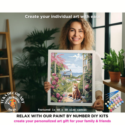 PAINT by NUMBERS Kit Adults Cat In The Flower Garden Easy Beginners Pastel Colors DIY Paint Kit Anniversary Gift For Mom