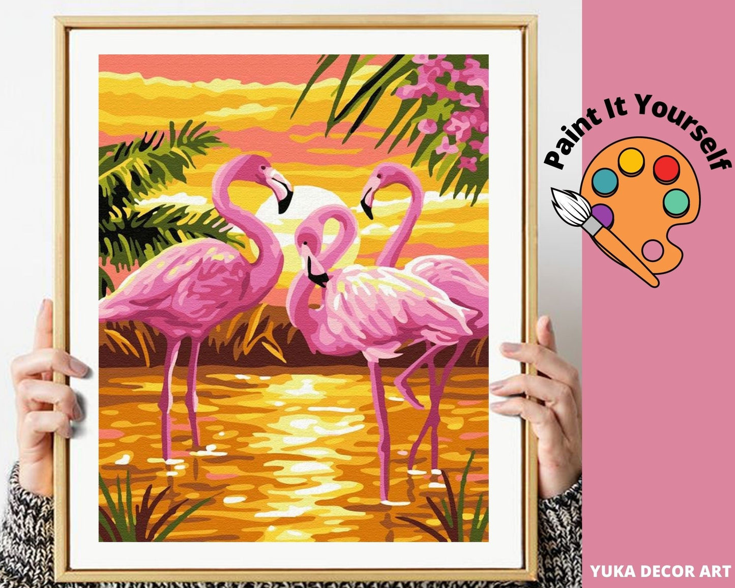 Flamingo PAINT by NUMBERS DIY Kit for Adult & Kids, Pink Flamingoes ,Easy Beginners Acrylic Painting Kit,Home Decor Gift