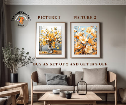 PAINT by NUMBER Kit Adults | Yellow Flowers Set Of 2 | WildFlowers DIY Painting Easy Beginners Hobby Kit Wall Art Birthday Gift Mom Sister