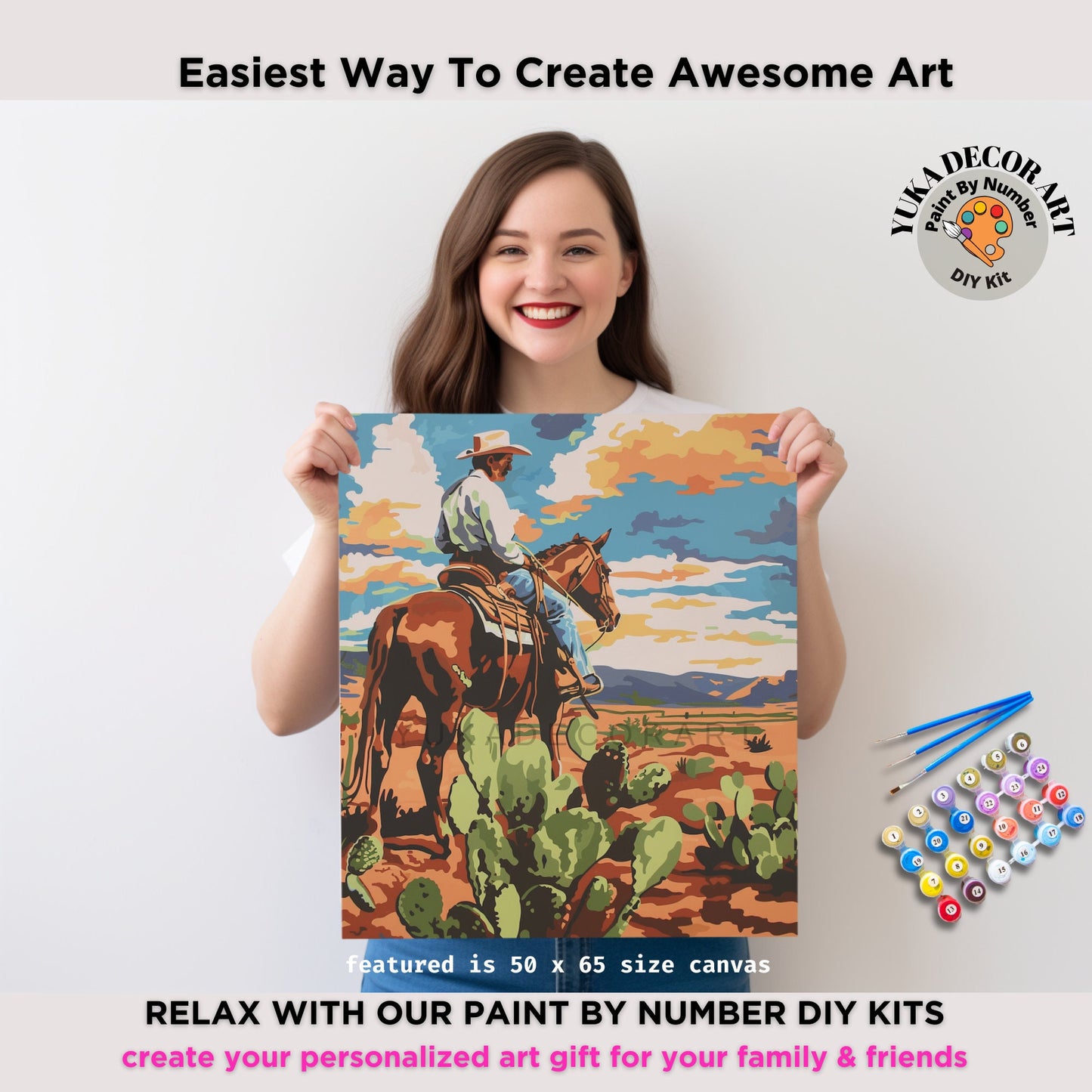 Cowboy PAINT by NUMBER Kit Adult Painting DIY by Numbers Easy Beginners Southwest Desert Landscape Painting Saguaro Cactus Wall Art Gift