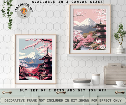 Japan PAINT by NUMBER Kit for Adults  Beginner DIY Art Kit Pink Cherry Blossoms Mount Fuji Acrylic Painting Wall Art Decor