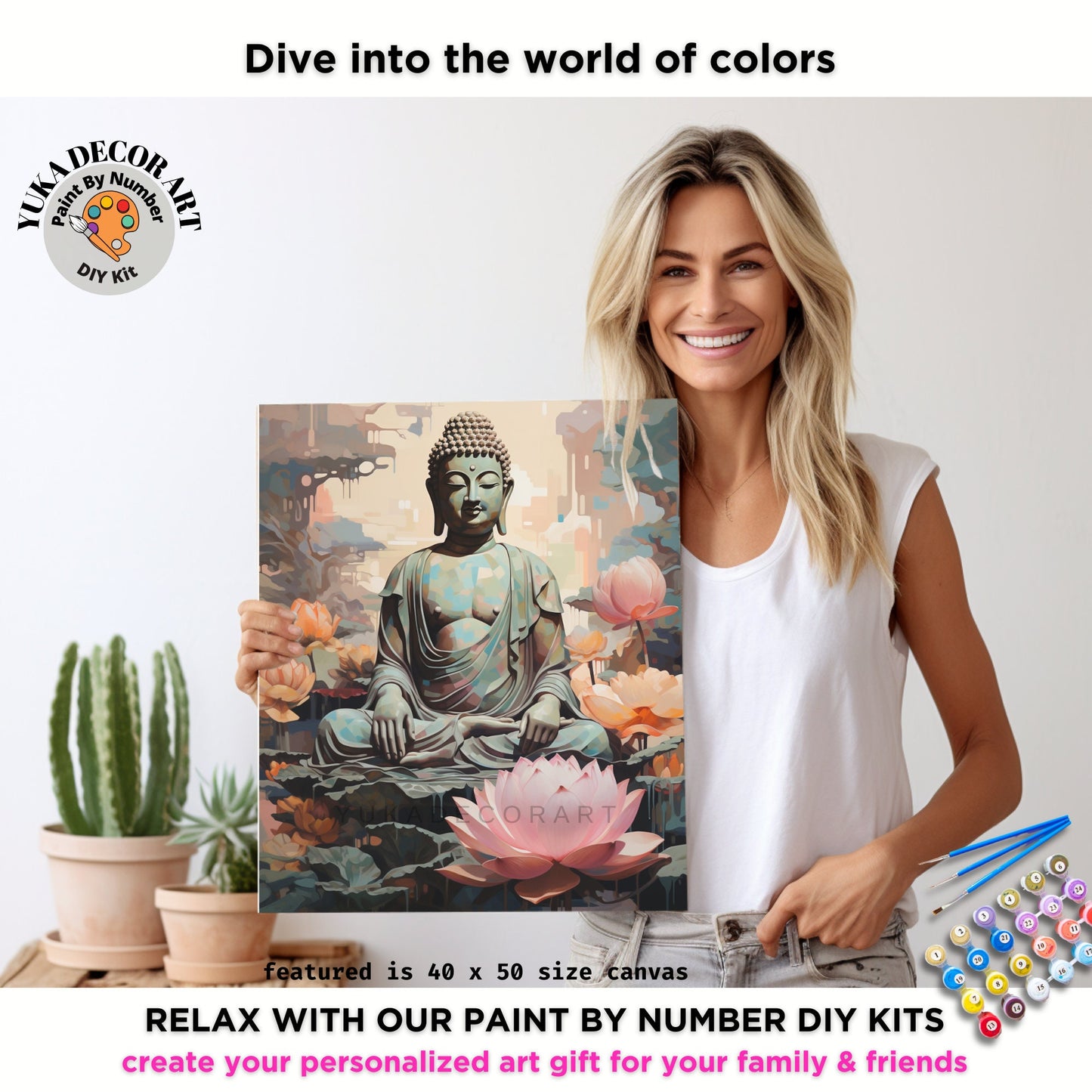 Easy PAINT by NUMBERS Kit For Adults Buddha Statue Pink Lotus Flower DIY Acrylic Paint Kit Zen Meditation Studio Wall Art Home Decor Gift