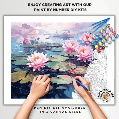Pink Lilies PAINT by NUMBER Kit Adult Tropical Flowers Plants Pond l Minimalist Art Easy Beginner Painting DIY Kit Gift