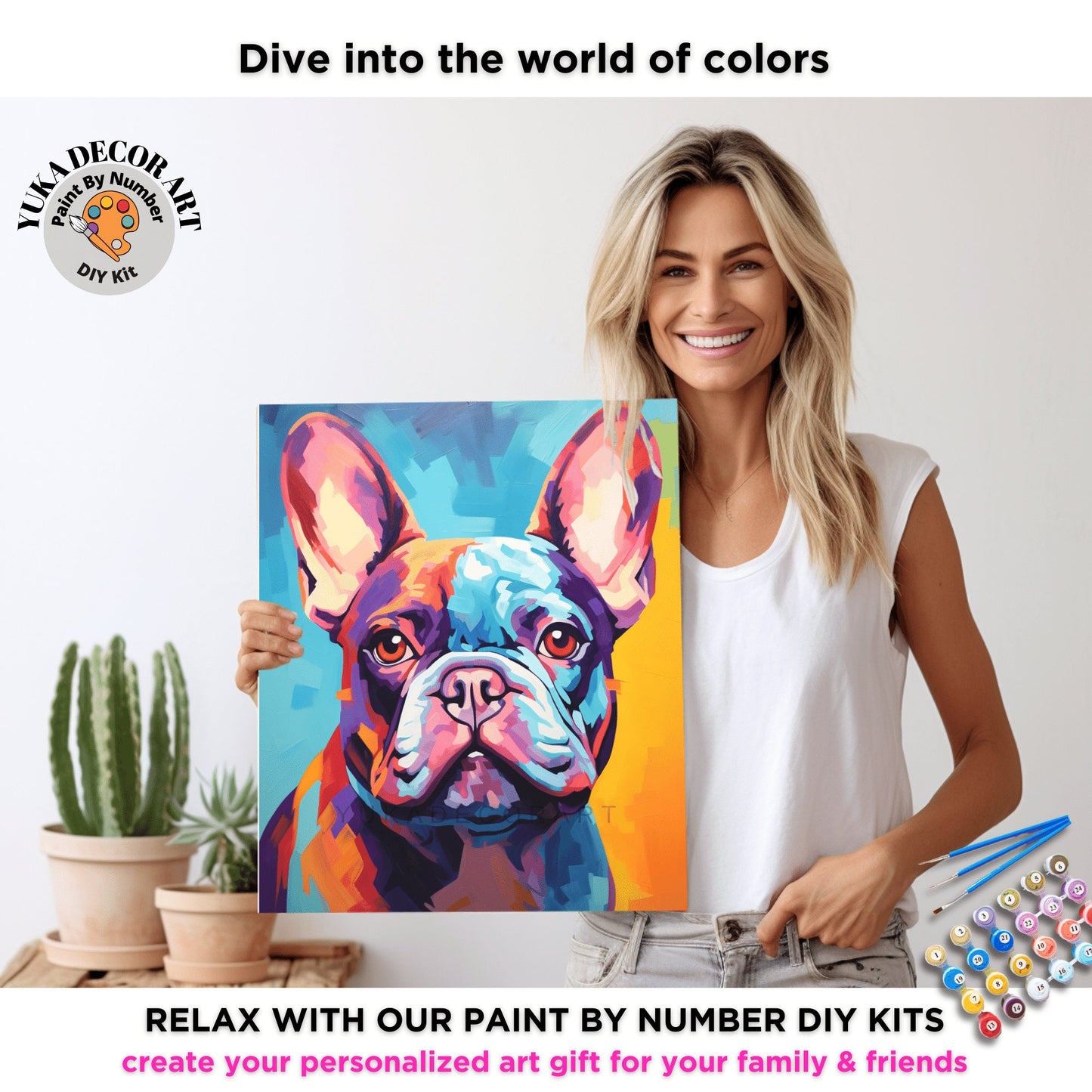 French Bulldog PAINT by NUMBER Kit Adult , Colorful Dog Art , Easy Beginner Acrylic Painting DIY Kit , Gift For Mom Dad