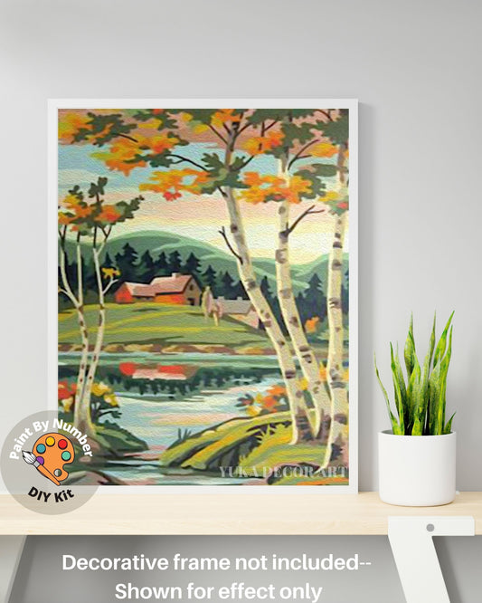 Vintage PAINT by NUMBER DIY Kit for Adult Nature Landscape Mountain Cabin Easy Beginner Acrylic Painting Kit Home Decor Gift Grandmother Dad