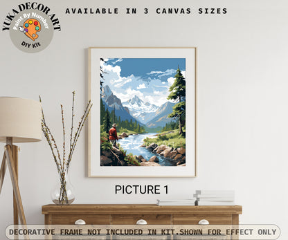 Fishing Man Vintage Style PAINT by NUMBER Kit Adult , Mountain River Forest Scenic DIY Art , Easy Acrylic Paint Kit, Christmas Gift for Dad