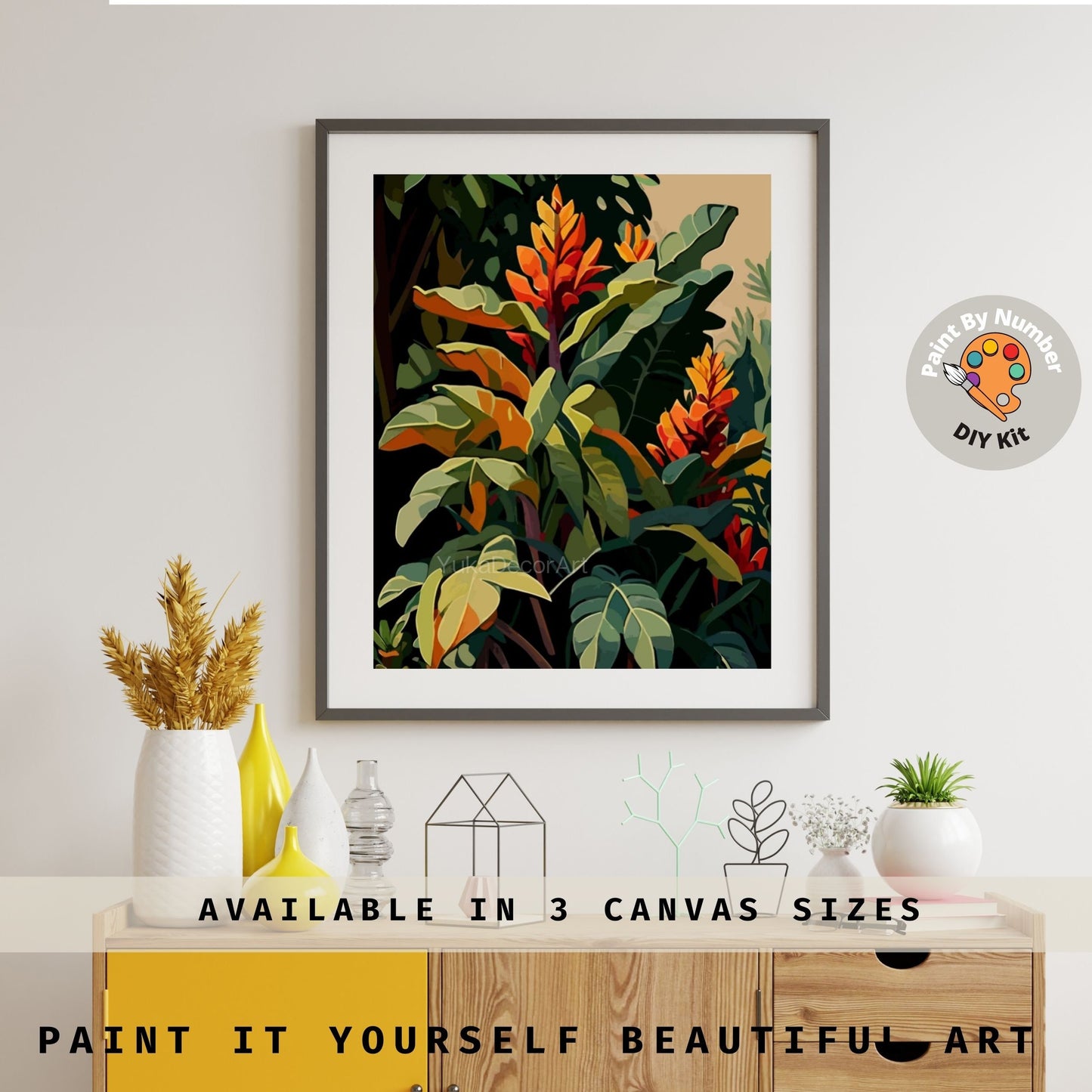 PAINT by NUMBER Kit  Adults ,Tropical Leaves ,Abstract Garden Plants Art ,Easy DIY Beginners Acrylic Paint Kit ,Living Bedroom Wall Art Gift