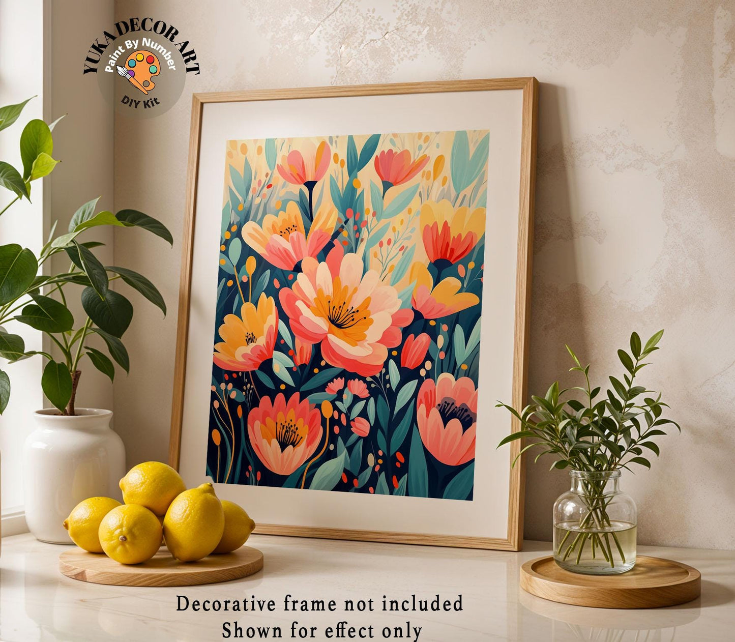 a picture of some flowers and lemons on a table