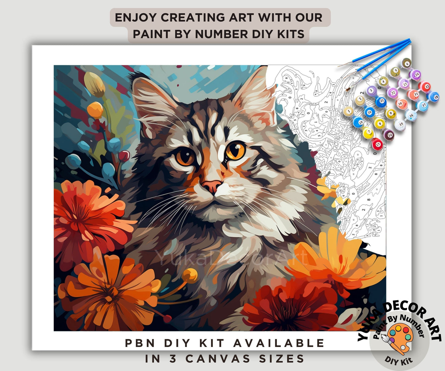 Cat PAINT by NUMBER Kit Adult DIY Art Orange Vibrant Floral Easy Beginner Acrylic Painting Birthday Housewarming Custom Gift For Kids Teens