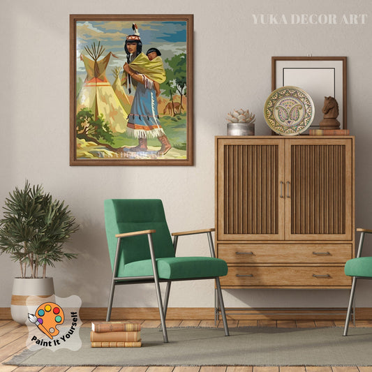 Vintage PAINT by NUMBER DIY Kit for Adult , Native American Vintage Style Art , Easy Acrylic Paint Kit,Wall Art Gift