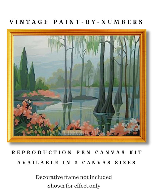 Vintage PAINT by NUMBER Kit Adult, Lakeside Scene , Forest Mist Pink Flowers, Easy Beginner Acrylic Painting DIY Kit,Vintage Decor Gift