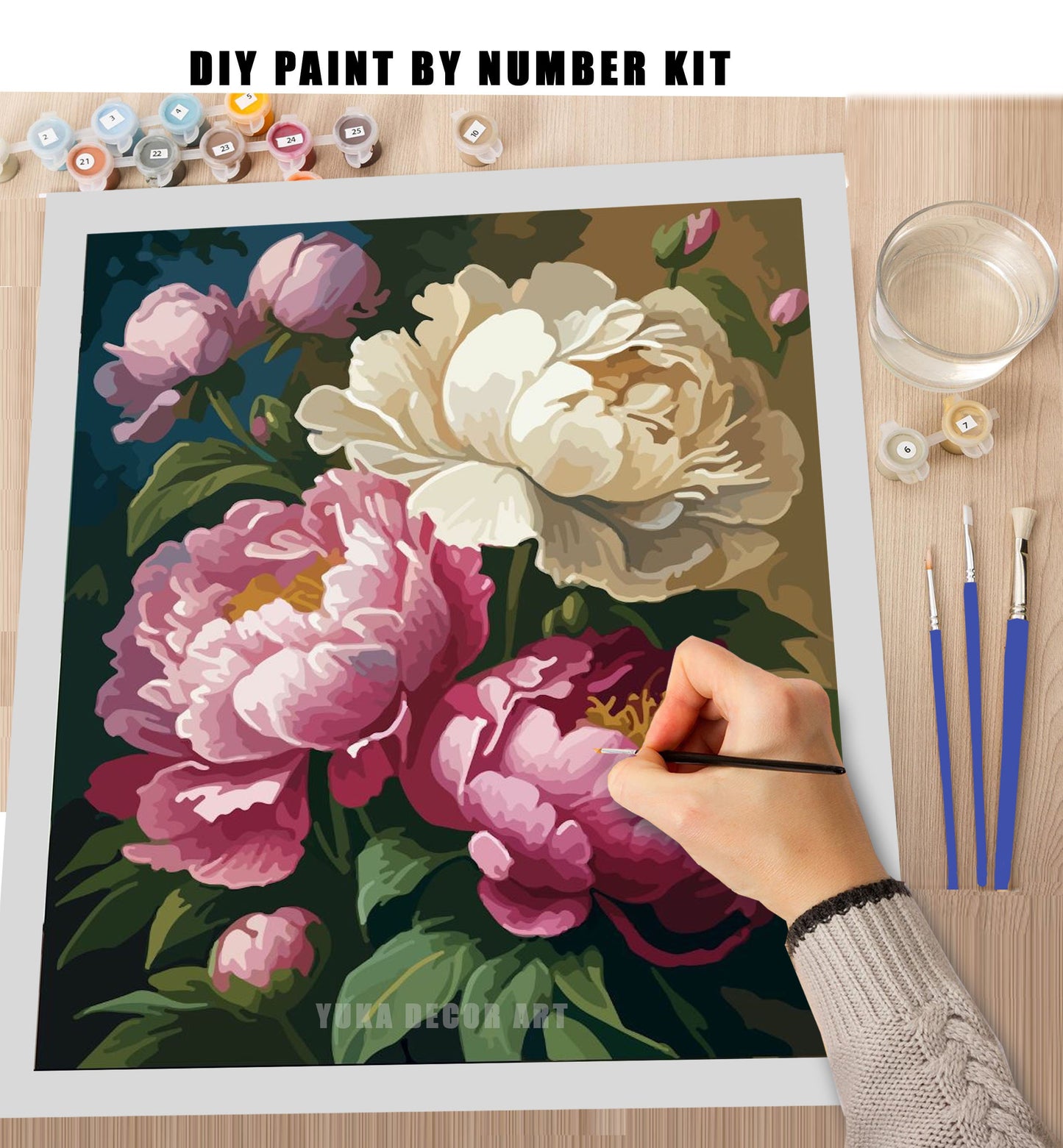 Floral Paint by Numbers Kit For Adult White Pink Peony Flowers Painting Easy Beginner Art Kit Personalised Gift For Mom Aunt Grandmother