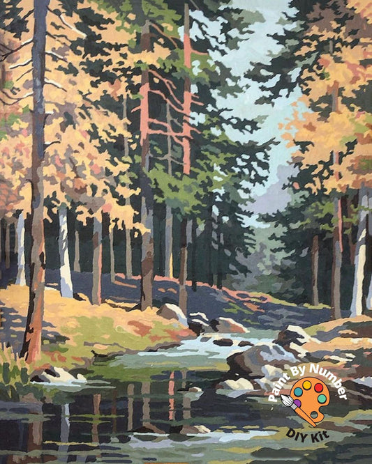 Vintage Style  PAINT by NUMBER Kit Adult, Stream River Landscape Art , Easy Beginner Acrylic Painting DIY Kit,Home Decor Gift