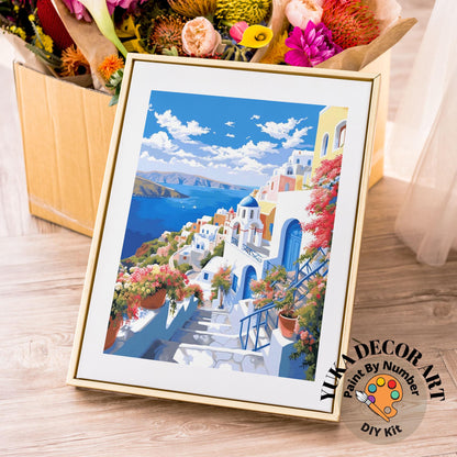 PAINT by NUMBERS Kit Adult Greece Santorini Landscape Minimalistic Chic Style DIY Painting Easy Beginners Paint Kit Decor Gift For Mom Wife