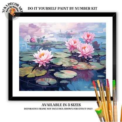 Pink Lilies PAINT by NUMBER Kit Adult Tropical Flowers Plants Pond l Minimalist Art Easy Beginner Painting DIY Kit Gift
