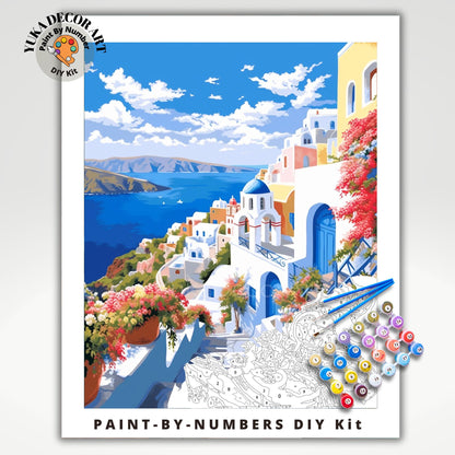 PAINT by NUMBERS Kit Adult Greece Santorini Landscape Minimalistic Chic Style DIY Painting Easy Beginners Paint Kit Decor Gift For Mom Wife