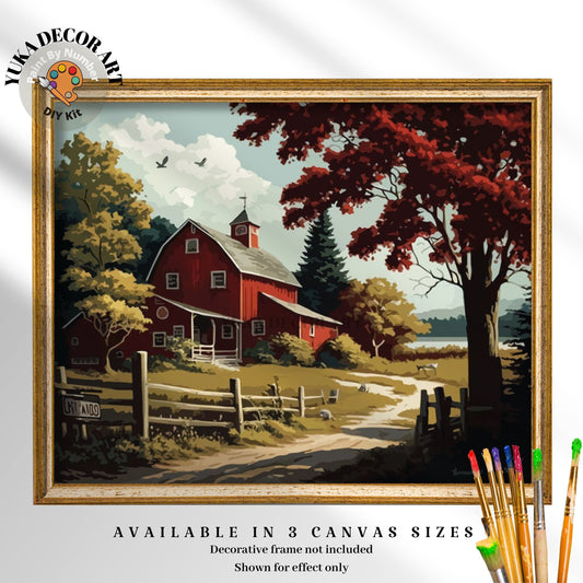 Countryside Red Barn PAINT by NUMBERS DIY Kit for Adult Vintage Style Cottage Farm Easy Beginner Acrylic Paint Kit Midcentury Decor Gift Mom