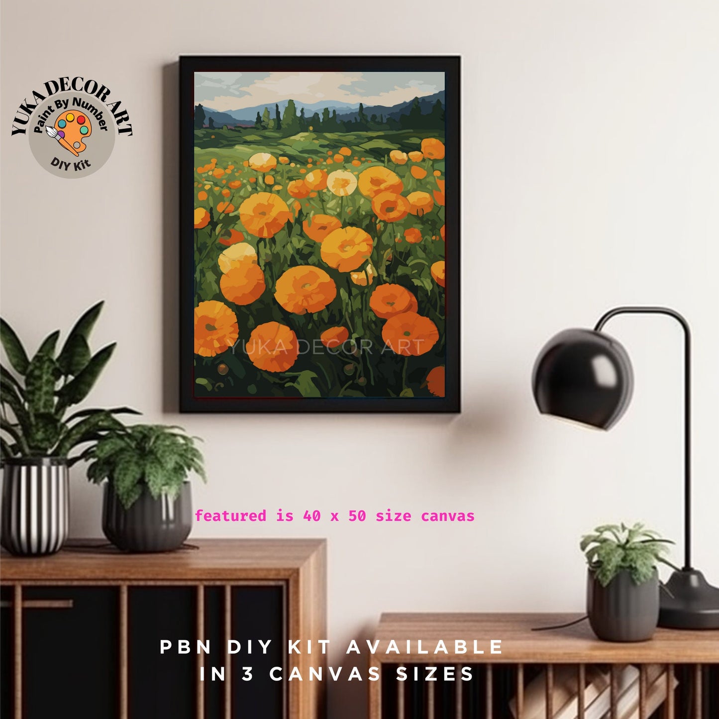 PAINT by NUMBER Kit  Adult Landscape Valley Orange Yellow Poppy Flowers Colourful Art Easy Beginner Acrylic Painting DIY Kit Mom Dad Gift