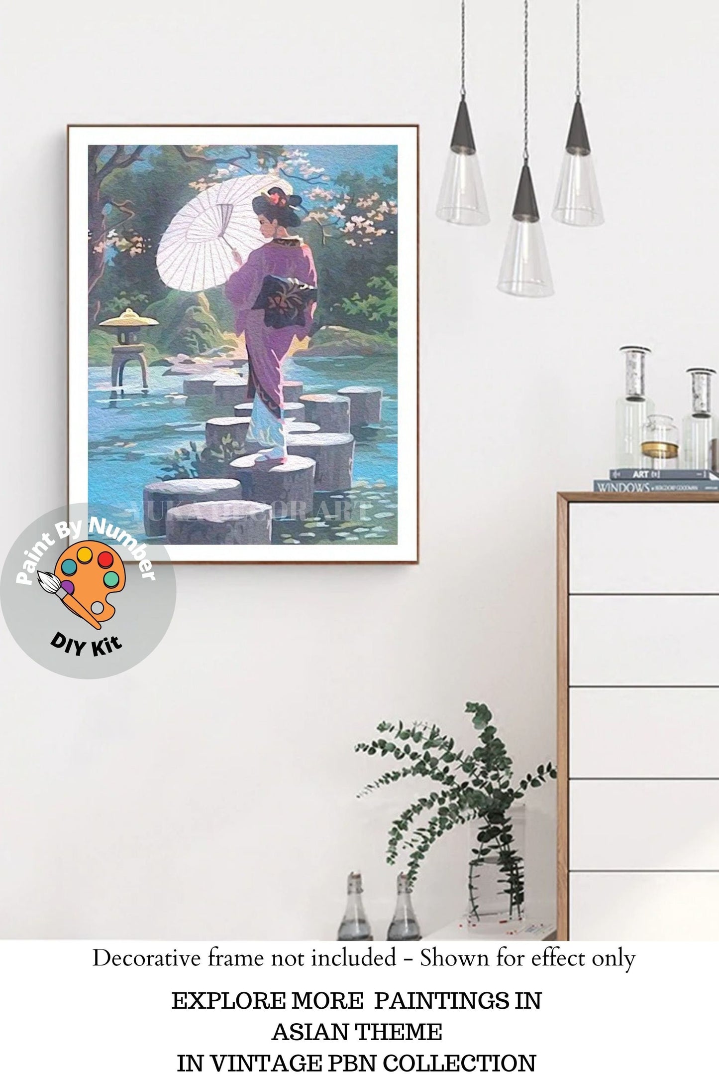 Geisha Woman Vintage PAINT by NUMBER Kit Adult , Girl With Umbrella, Japanese Garden Landscape , Easy DIY Beginners  Painting Kit , Mom Gift