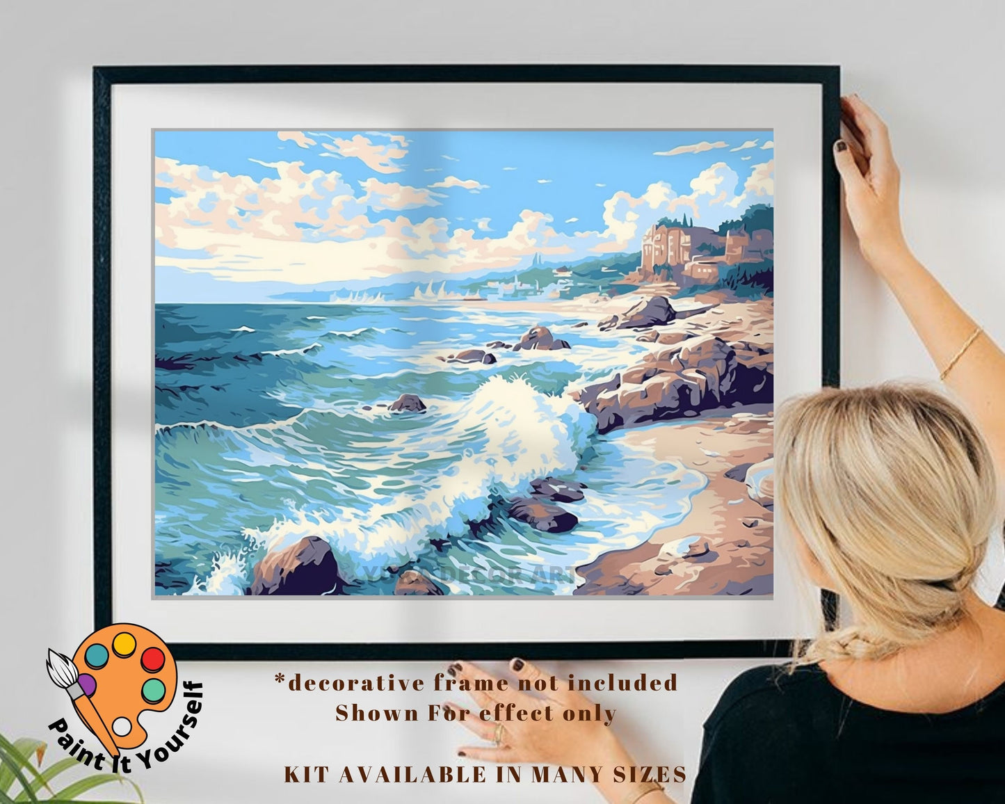 Seascape PAINT by NUMBER Kit for Adult , Rocky Seashore Waves Beach scene, Beginner Acrylic Painting Kit,Home Decor Gift