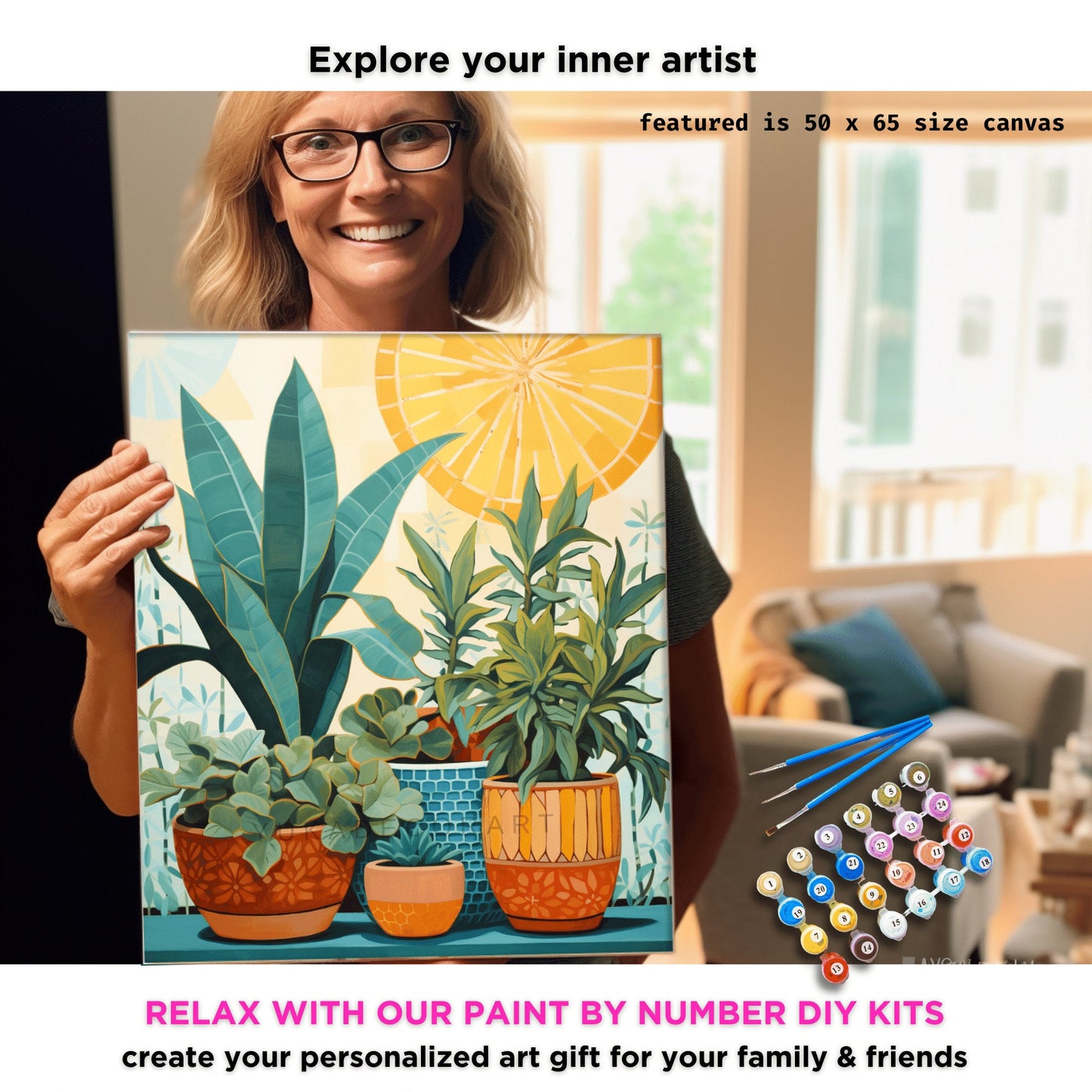 Midcentury Plants PAINT by NUMBERS Diy Kit Adult Boho Minimalist Art Easy Beginner DIY Painting Kit Gift Mom Dad Girlfriend