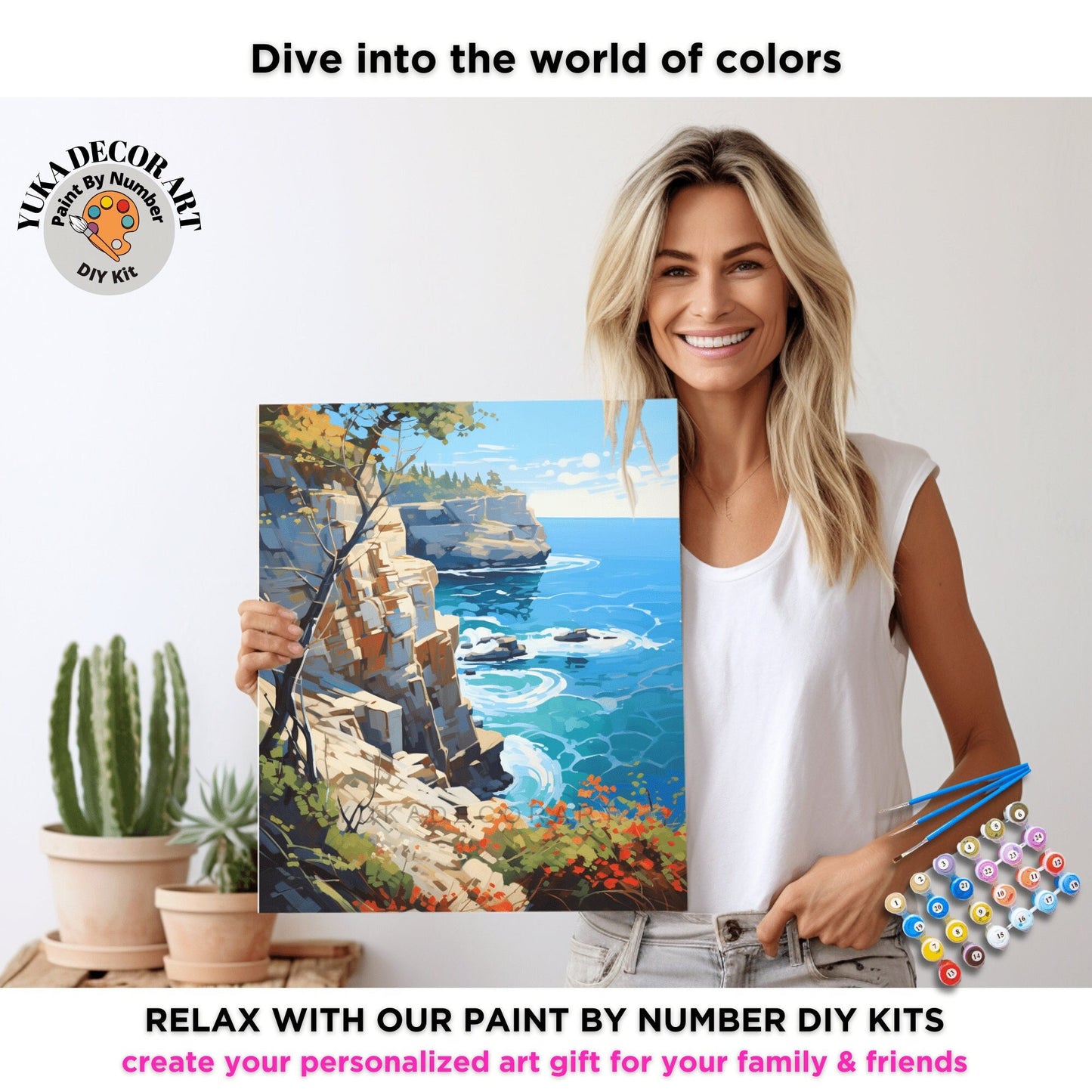 Rocky Seascape PAINT by NUMBER Adult Kit , Scenic Coastal Art Easy Beginner Acrylic Painting DIY Kit Art Gift For Grandma