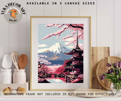 Japan PAINT by NUMBER Kit for Adults  Beginner DIY Art Kit Pink Cherry Blossoms Mount Fuji Acrylic Painting Wall Art Decor