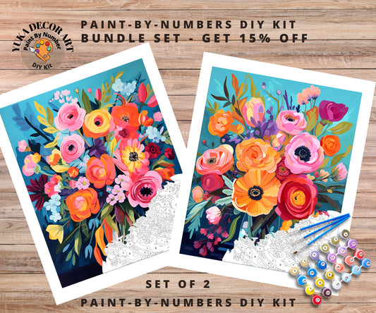 Springflowers PAINT by NUMBER Kit Adults | Set Of 2 | WildFlowers In Vase DIY Painting Easy Beginners Hobby Kit Wall Art Birthday Gift  Mom