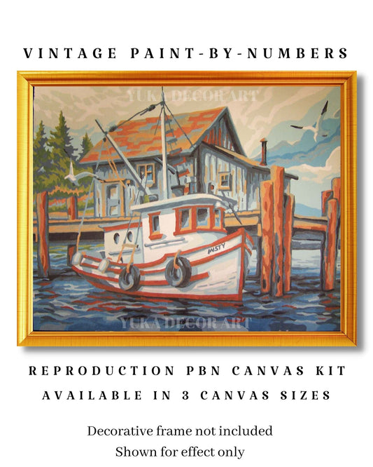 Vintage  PAINT by NUMBER Kit for Adult , DIY Boat Dock painting , Easy Beginner Acrylic Painting Kit,Home Decor Gift