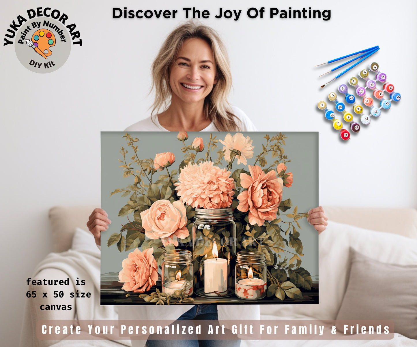 Pink Flowers PAINT by NUMBER Kit Adult, Mason Jar Bouquet ,Beginner Acrylic Painting DIY Kit ,Christmas Gift For Mom Grandma Girlfriend Wife