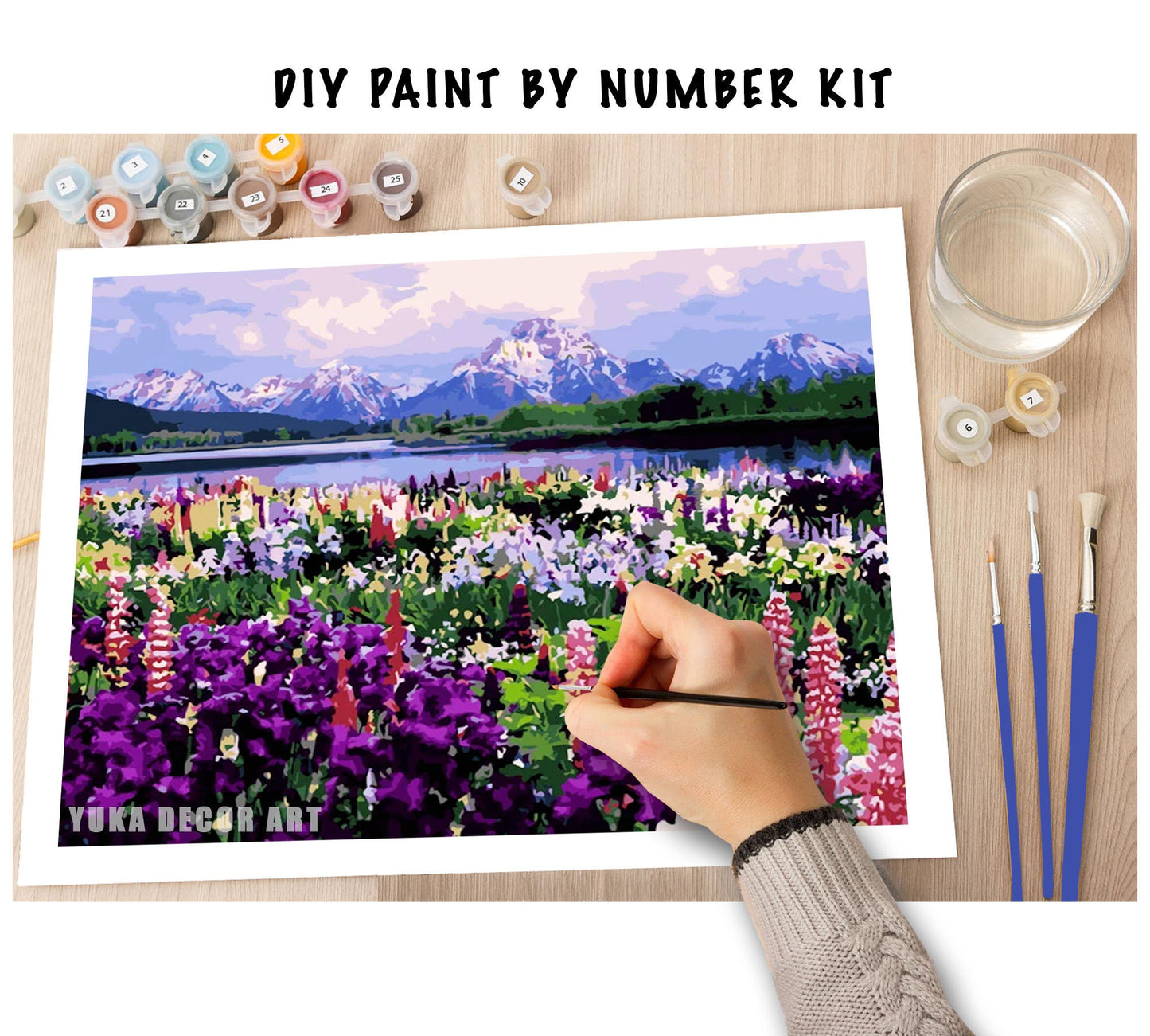 Lavender Flowers PAINT by NUMBERS Kit for Adult & Kids,Snow Mountain Scenic View ,Easy Beginner Acrylic Painting Kit,Wall Art , Hobby Gift