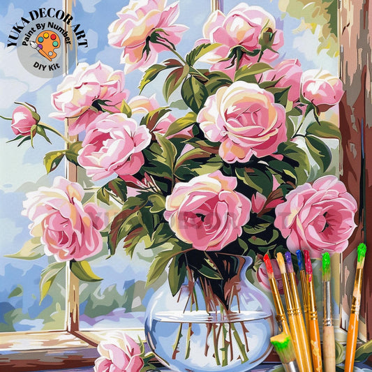 Pink Peonies Flower DIY Paint by Number Kit Adults Easy Still Life Peony Flowers In Vase Painting for Kitchen Decor Gift for Nana Grandma