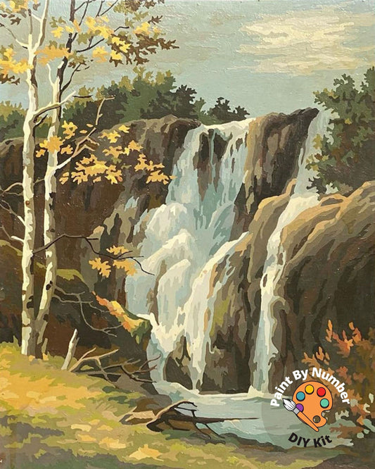 Mountain Waterfall PAINT by NUMBER DIY Kit for Adult , Vintage Style Art , Easy Beginner Acrylic Painting Kit,Home Decor Gift