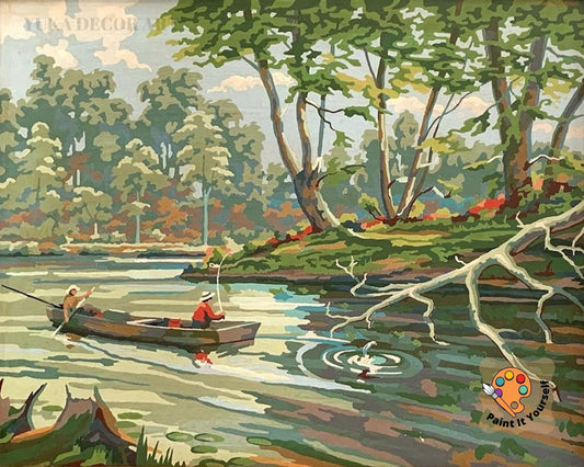 Fishing In The Lake PAINT by NUMBER Kit  Adult , Forest River Vintage Style DIY Art , Easy Acrylic Painting Kit,Vintage Decor Gift