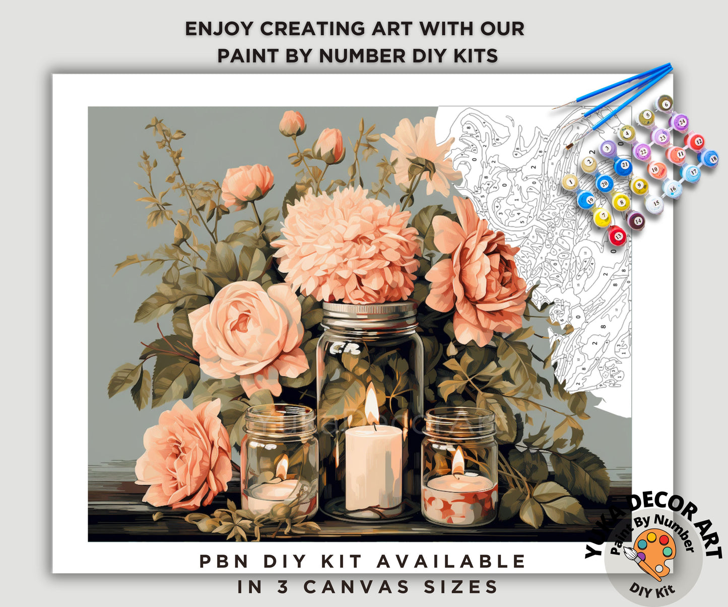 Pink Flowers PAINT by NUMBER Kit Adult, Mason Jar Bouquet ,Beginner Acrylic Painting DIY Kit ,Christmas Gift For Mom Grandma Girlfriend Wife