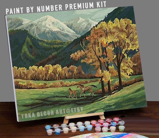 Mountain Landscape PAINT by NUMBER Kit  Adult , Galloping Horse In  Autumn Vintage Style DIY Easy Acrylic Paint Kit,Christmas Gift Idea