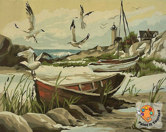 Vintage Style PAINT by NUMBER Kit for Adult , DIY Flying Seagulls Painting , Easy Beginner Acrylic Painting ,Vintage Decor Gift