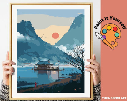 PAINT by NUMBER Kit Adult ,Sunrise In Japan,Nature Mountain Scenic View , Easy DIY Beginners Acrylic Painting Kit , Wall Art  Gift
