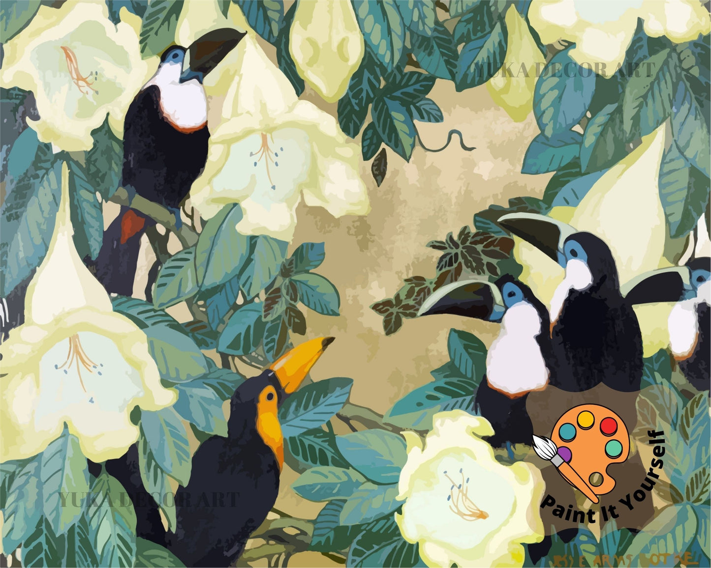 Toucans In Tropical Garden PAINT by NUMBER Premium DIY Paint Kit Adult , Vintage Style Easy Beginner Painting Gift